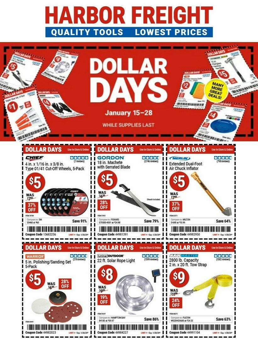 Harbor Freight Tools Dollar Days Weekly Ad from January 15