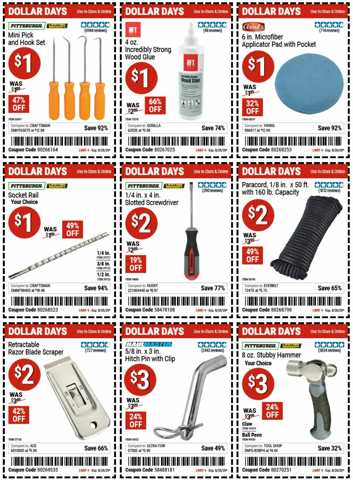 Harbor Freight Tools Dollar Days Weekly Ad from August 17