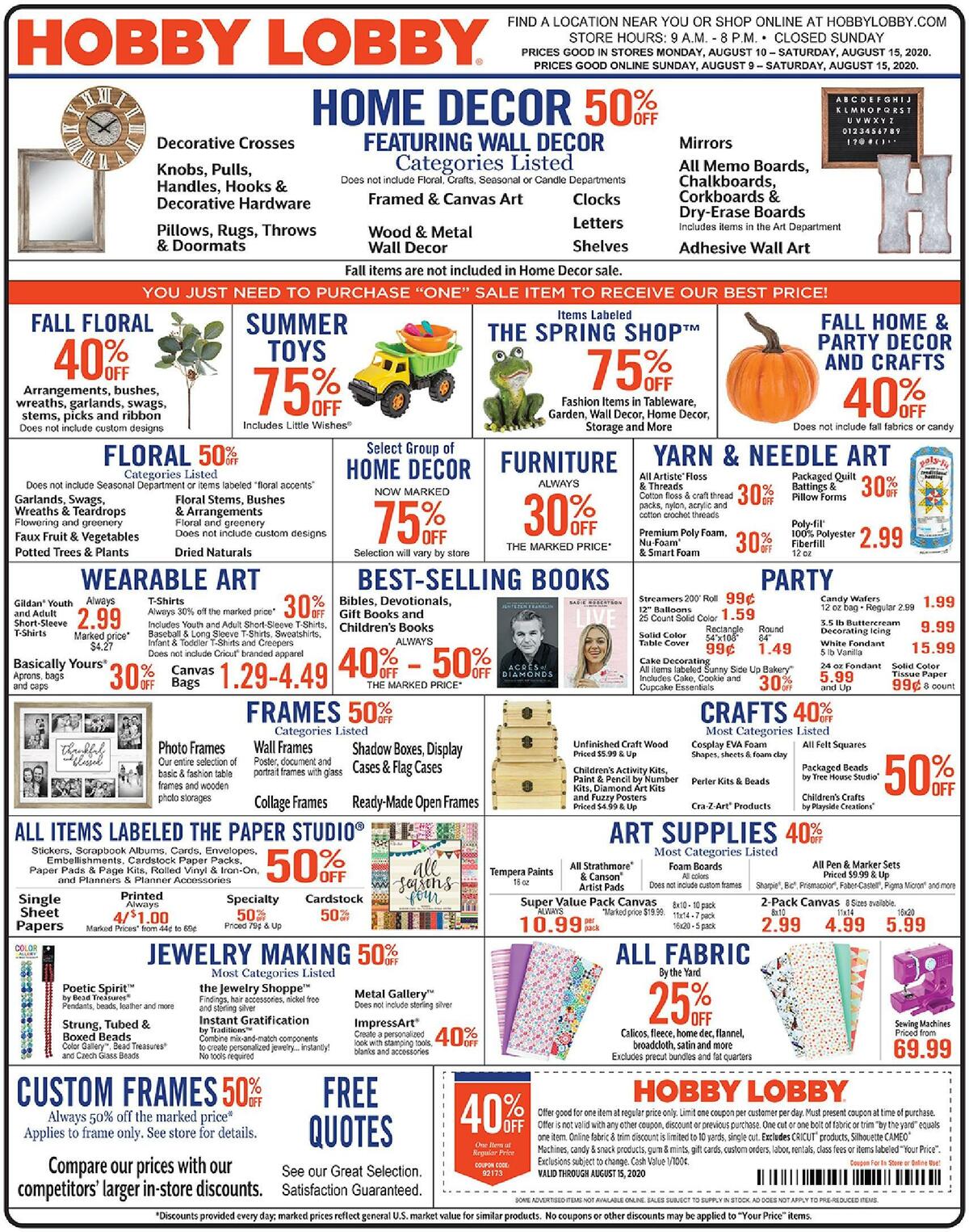 Hobby Lobby Weekly Ad from August 9