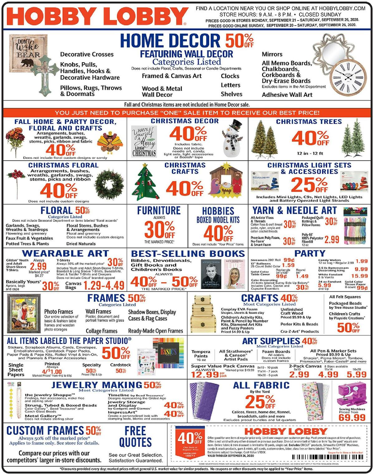 Hobby Lobby Weekly Ad from September 20