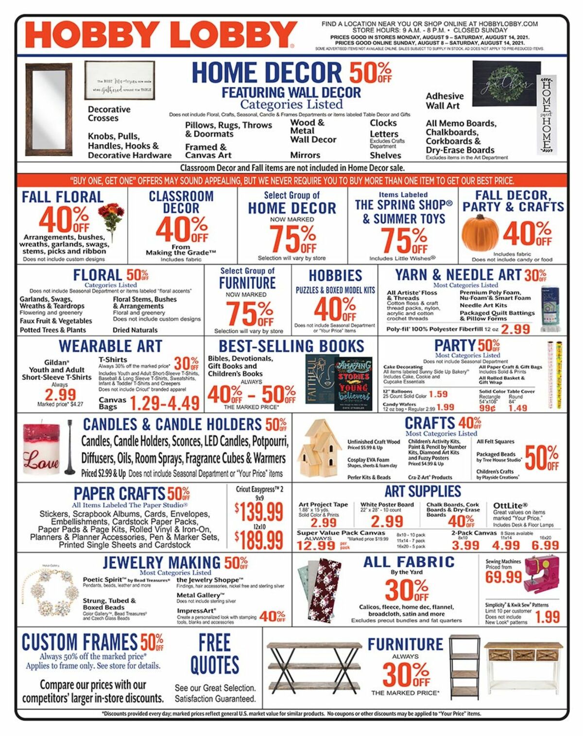 Hobby Lobby Weekly Ad from August 8