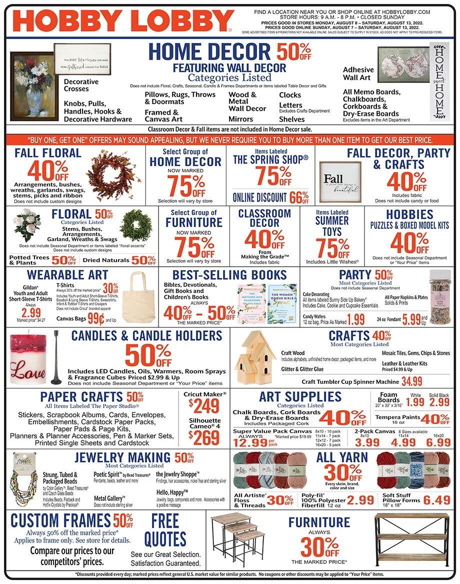 Hobby Lobby Weekly Ad from August 7