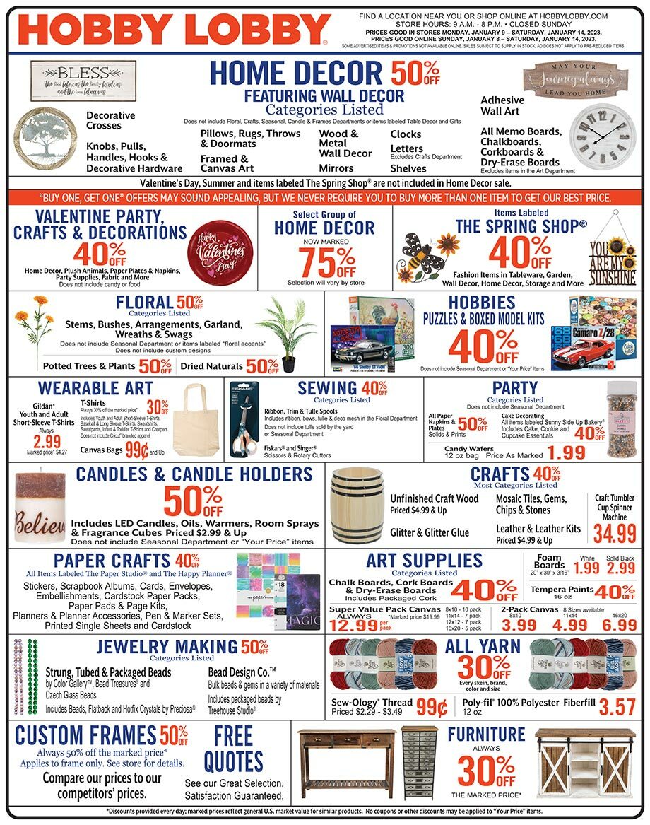 Hobby Lobby Weekly Ad from January 8