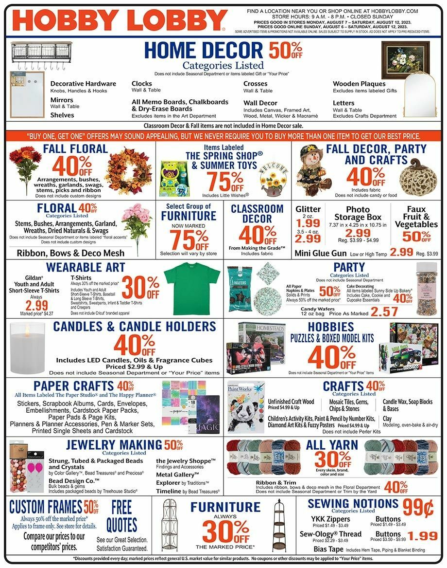 Hobby Lobby Weekly Ad from August 6