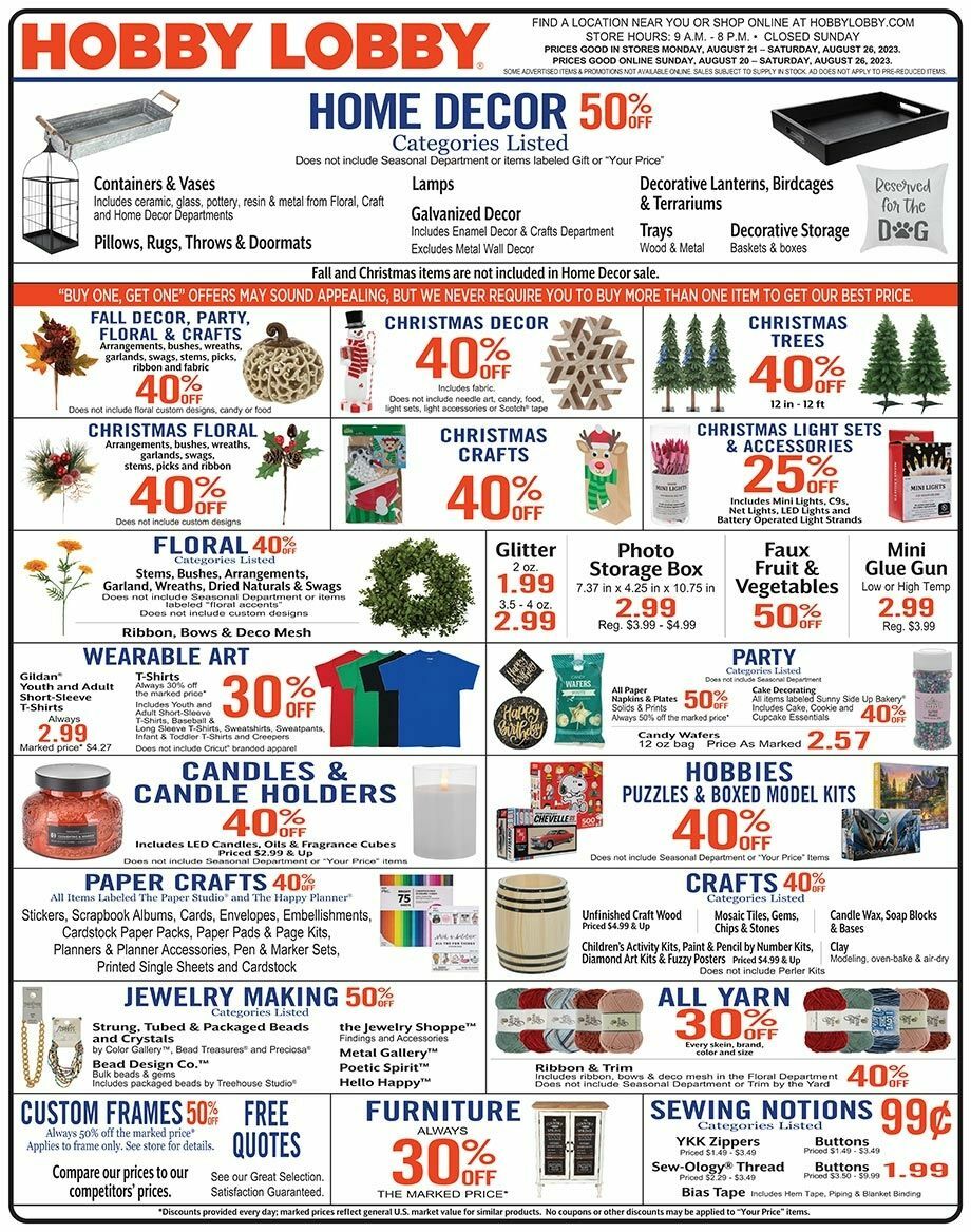 Hobby Lobby Weekly Ad from August 20