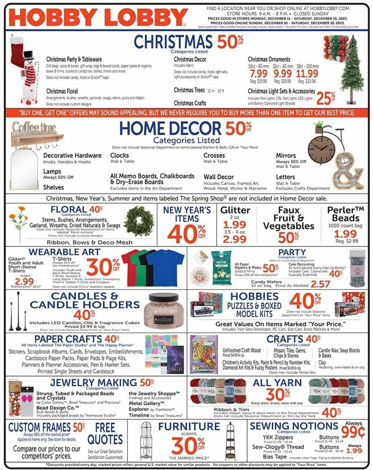 Hobby Lobby Weekly Ad from December 10