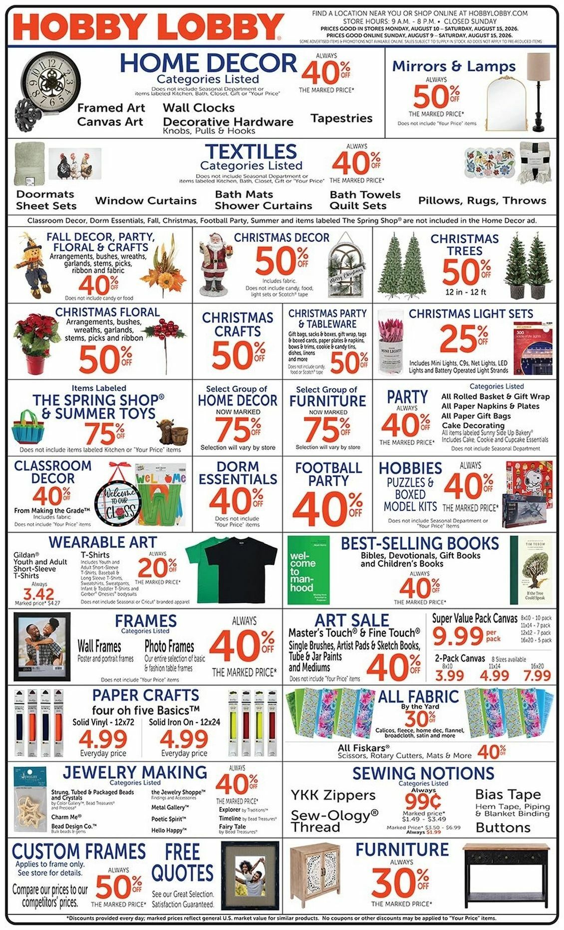 Hobby Lobby Weekly Ad from August 9
