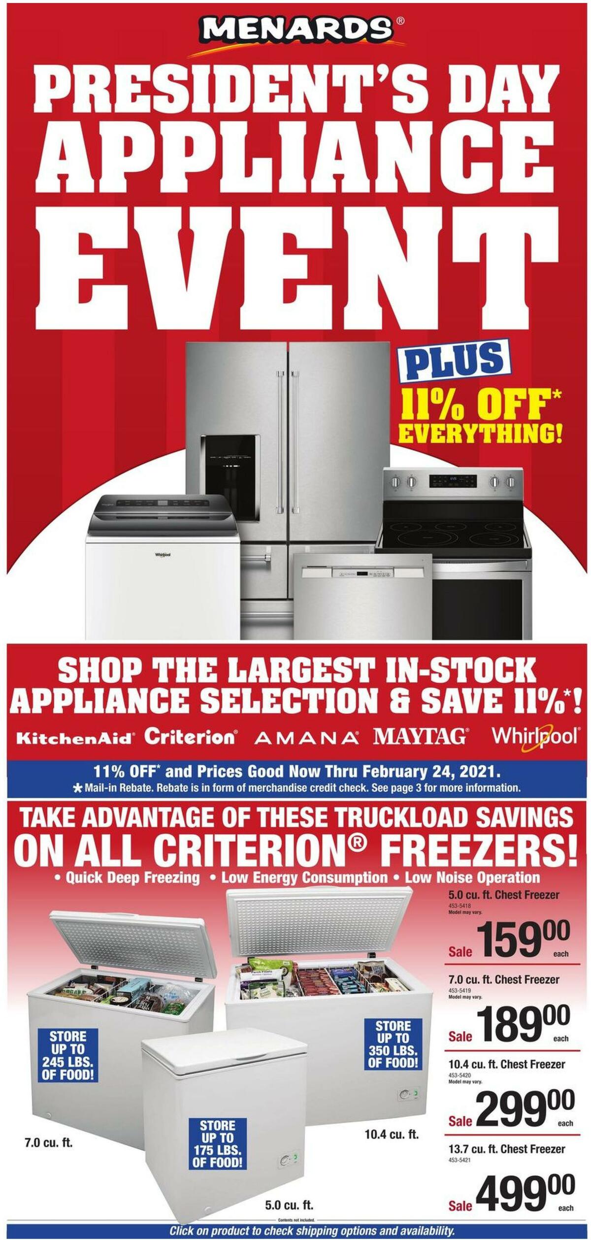 Menards President's Day Appliance Event Weekly Ad from February 21