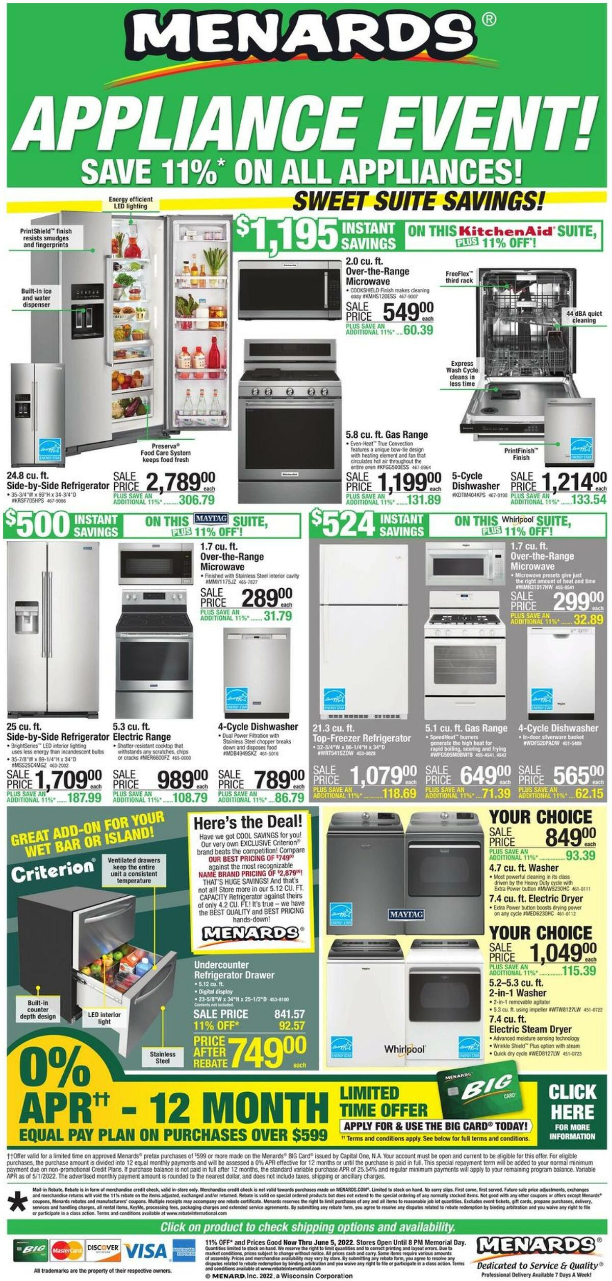 Menards Memorial Day Appliance Event Weekly Ad from May 25