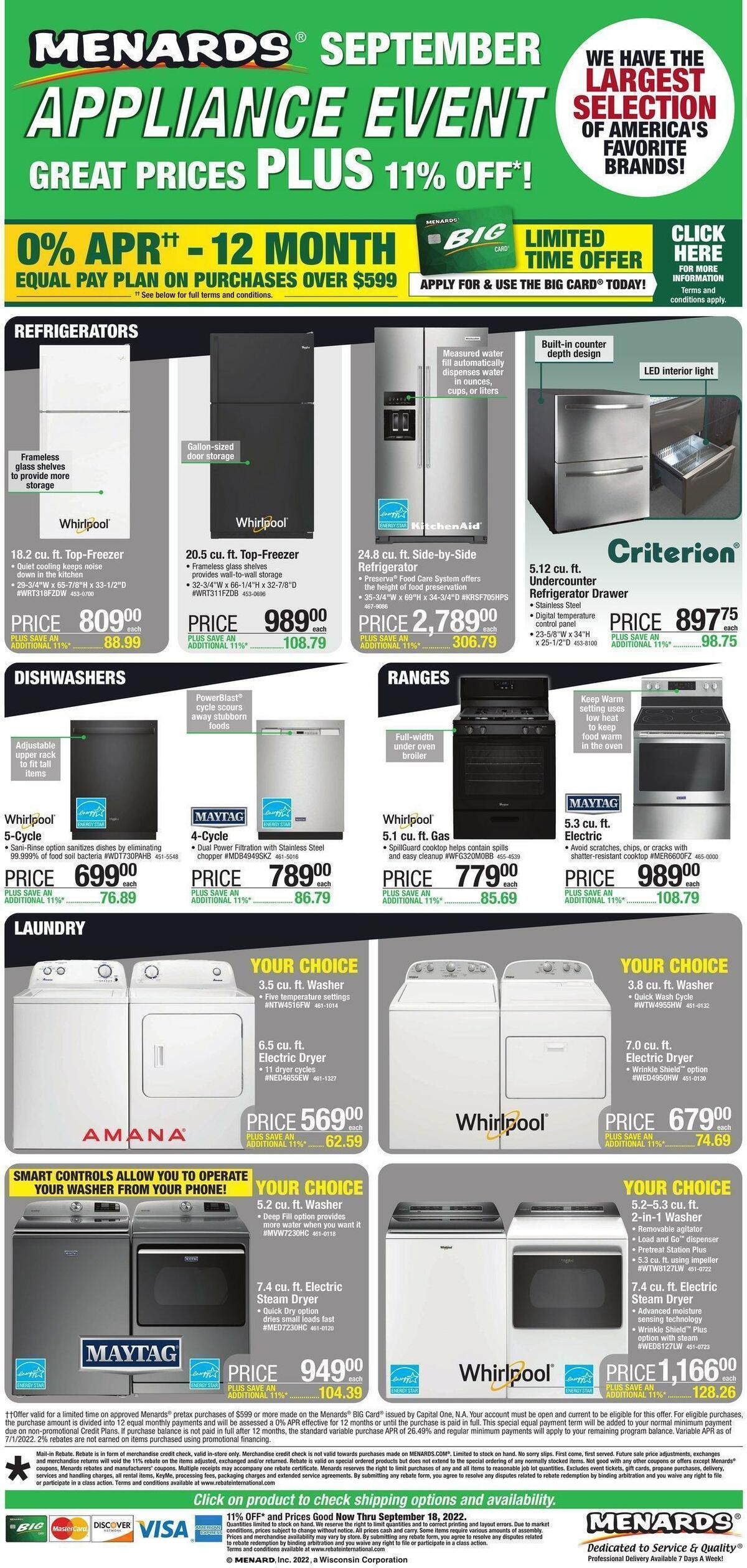 Menards LABOR DAY APPLIANCE EVENT Weekly Ad from September 7