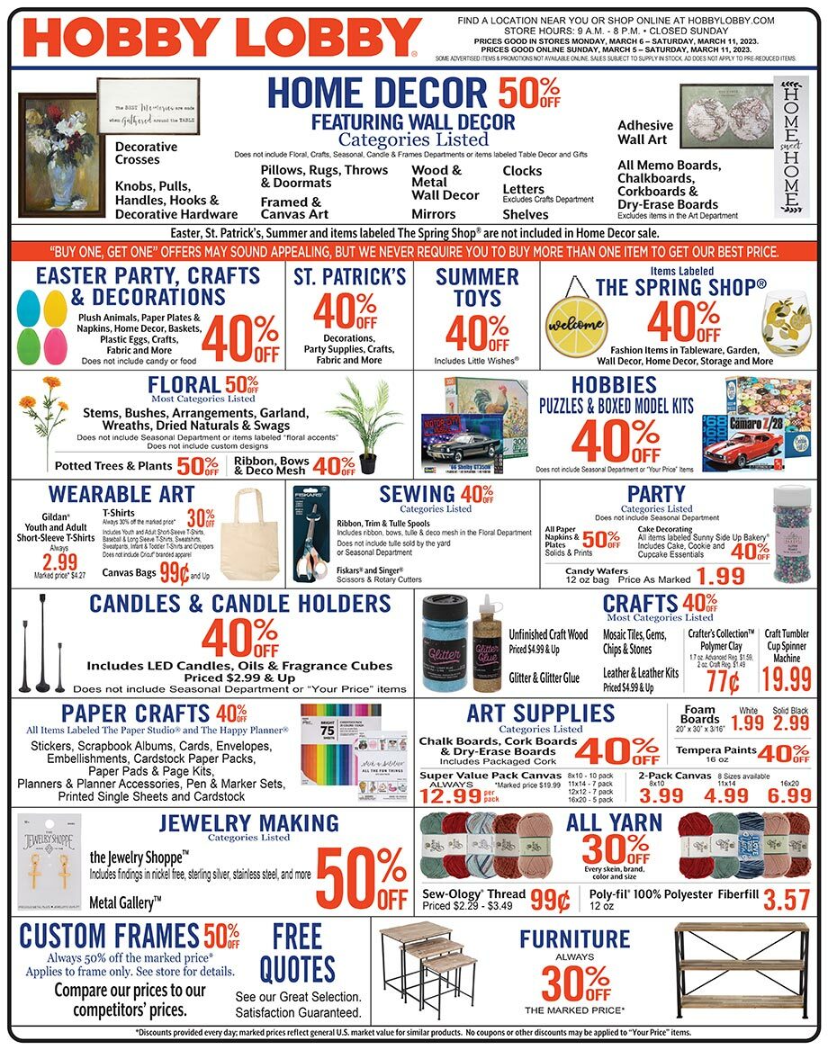 Hobby Lobby Weekly Ad from March 5
